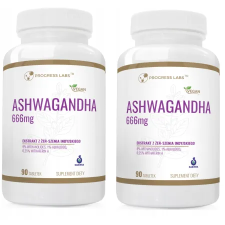 2 x Progress Labs ASHWAGANDHA 666mg STRES zmęczenie pamięć KONCENTRACJA 90kaps