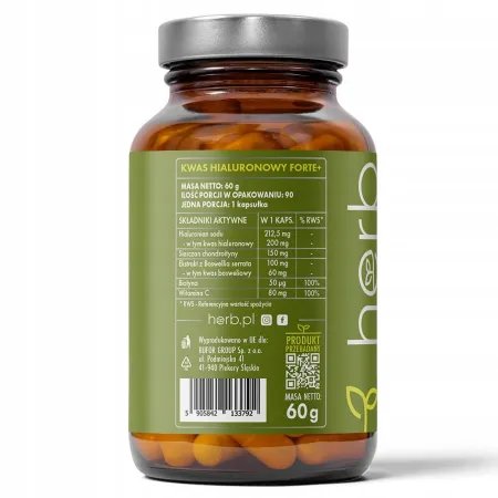 HERB Kwas hialuronowy FORTE+ 200mg CHONDROITYNA skóra ZMARSZCZKI 90kaps.